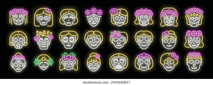 Glowing neon catrina skulls, adorned with vibrant floral crowns, capture the spirit of dia de los muertos