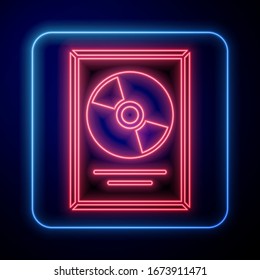 Glowing neon CD disk award in frame icon isolated on blue background. Modern ceremony. Best seller. Musical trophy.  Vector Illustration
