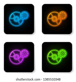 Glowing neon CD or DVD disk and gear icon isolated on white background. Adjusting app, service concept, setting options, maintenance, repair, fixing. Black square button. Vector Illustration