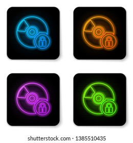 Glowing neon CD or DVD disk with closed padlock icon isolated on white background. Compact disc sign. Security, safety, protection concept. Black square button. Vector Illustration