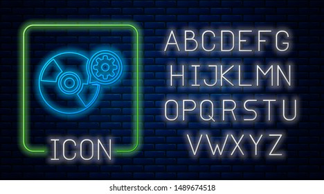Glowing neon CD or DVD disk and gear icon isolated on brick wall background. Adjusting app, service concept, setting options, maintenance, repair, fixing. Neon light alphabet. Vector Illustration