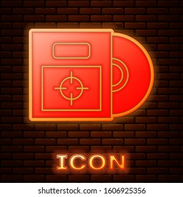 Glowing neon CD or DVD disk in box icon isolated on brick wall background. Compact disc sign.  Vector Illustration