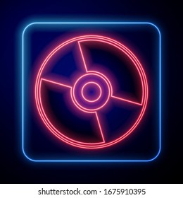 Glowing neon CD or DVD disk icon isolated on blue background. Compact disc sign.  Vector Illustration