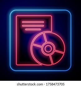 Glowing neon CD or DVD disk icon isolated on blue background. Compact disc sign.  Vector Illustration