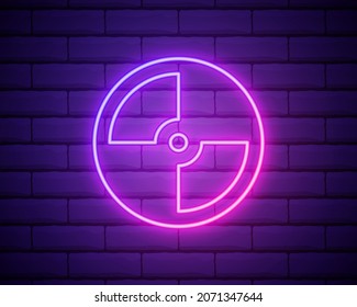 Glowing neon CD or DVD disk icon isolated on brick wall background. Compact disc sign. Vector Illustration.