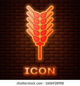 Glowing neon Cereals set with rice, wheat, corn, oats, rye, barley icon isolated on brick wall background. Ears of wheat bread symbols.  Vector Illustration