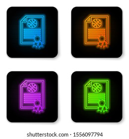 Glowing neon Certificate template basketball award icon isolated on white background. Achievement, award, degree, grant, diploma concepts. Black square button. Vector Illustration