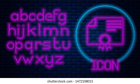 Glowing neon Certificate template icon isolated on brick wall background. Achievement, award, degree, grant, diploma. Business success certificate. Neon light alphabet. Vector Illustration