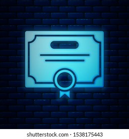 Glowing neon Certificate template icon isolated on brick wall background. Achievement, award, degree, grant, diploma. Business success certificate.  Vector Illustration