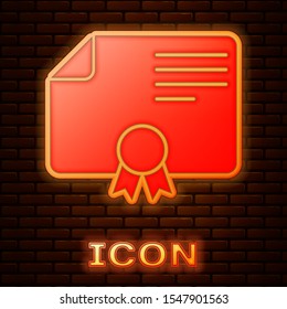 Glowing neon Certificate template icon isolated on brick wall background. Achievement, award, degree, grant, diploma. Business success certificate.  Vector Illustration