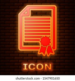 Glowing neon Certificate template icon isolated on brick wall background. Achievement, award, degree, grant, diploma. Business success certificate.  Vector Illustration