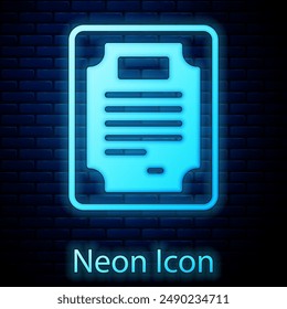 Icono de Plantilla certificado de neón brillante aislado en el fondo de la pared de ladrillo. Logro, premio, título, subvención, diploma conceptos.  Vector