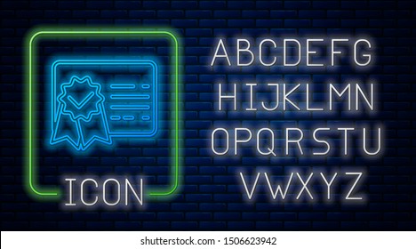 Glowing neon Certificate template line icon isolated on brick wall background.  Neon light alphabet. Vector Illustration