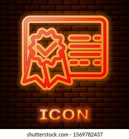 Glowing neon Certificate template line icon isolated on brick wall background. Achievement, award, degree, grant, diploma. Business success certificate.  Vector Illustration