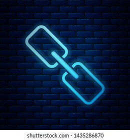 Glowing neon Chain link icon isolated on brick wall background. Link single. Hyperlink chain symbol.  Vector Illustration