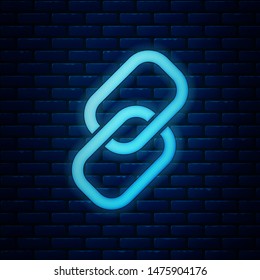 Glowing neon Chain link icon isolated on brick wall background. Link single. Hyperlink chain symbol.  Vector Illustration