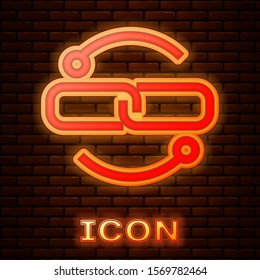 Glowing neon Chain link line icon isolated on brick wall background. Link single.  Vector Illustration