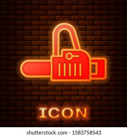 Glowing neon Chainsaw icon isolated on brick wall background.  Vector Illustration