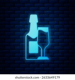 Glowing neon Champagne bottle and glass of champagne icon isolated on brick wall background. Merry Christmas and Happy New Year.  Vector