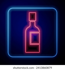 Glowing neon Champagne bottle icon isolated on blue background.  Vector