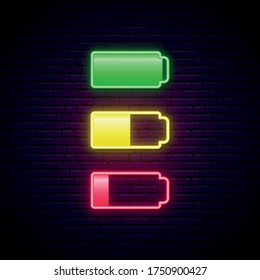 Glowing Neon Charger Sign. Set Of Low And Full Battery Neon Icon. Stock Vector Illustration.