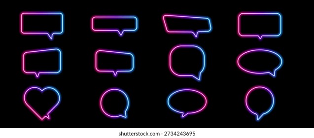 Glowing neon chat balloon with vibrant blue and pink light effect. Speech bubble frame shining bright. Perfect dialog box icon for modern messaging interface.