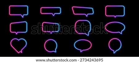 Glowing neon chat balloon with vibrant blue and pink light effect. Speech bubble frame shining bright. Perfect dialog box icon for modern messaging interface.