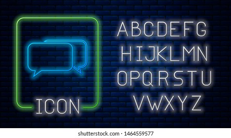 Glowing neon Chat icon isolated on brick wall background. Speech bubbles symbol. Neon light alphabet. Vector Illustration
