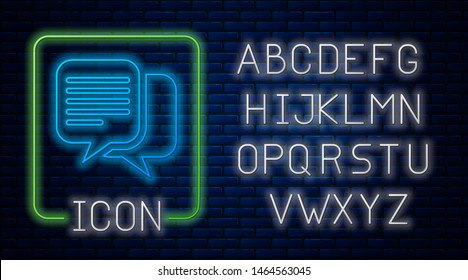 Glowing neon Chat icon isolated on brick wall background. Speech bubbles symbol. Neon light alphabet. Vector Illustration