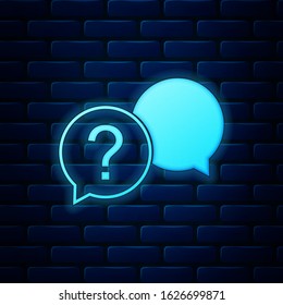 Glowing neon Chat question icon isolated on brick wall background. Help speech bubble symbol. FAQ sign. Question mark sign.  Vector Illustration