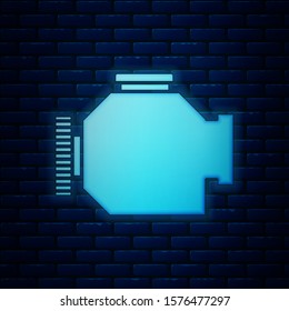 Glowing neon Check engine icon isolated on brick wall background.  Vector Illustration