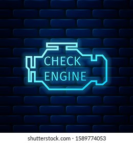 Glowing neon Check engine icon isolated on brick wall background.  Vector Illustration