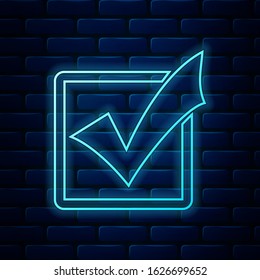 Glowing neon Check mark in a box line icon isolated on brick wall background. Tick symbol. Check list button sign.  Vector Illustration