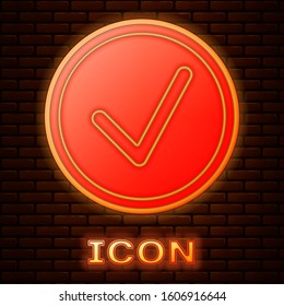 Glowing neon Check mark in circle icon isolated on brick wall background. Choice button sign. Checkmark symbol.  Vector Illustration