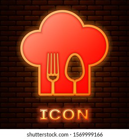 Glowing neon Chef hat with fork and spoon icon isolated on brick wall background. Cooking symbol. Restaurant menu. Cooks hat.  Vector Illustration