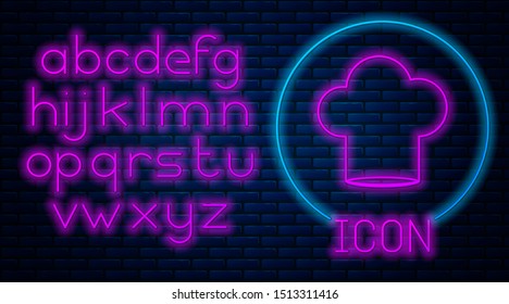 Glowing neon Chef hat icon isolated on brick wall background. Cooking symbol. Cooks hat. Neon light alphabet. Vector Illustration