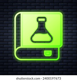 Glowing neon Chemistry book icon isolated on brick wall background.  Vector