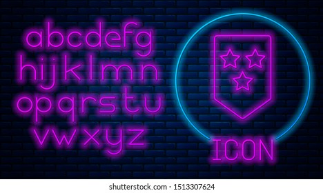 Glowing neon Chevron icon isolated on brick wall background. Military badge sign. Neon light alphabet. Vector Illustration