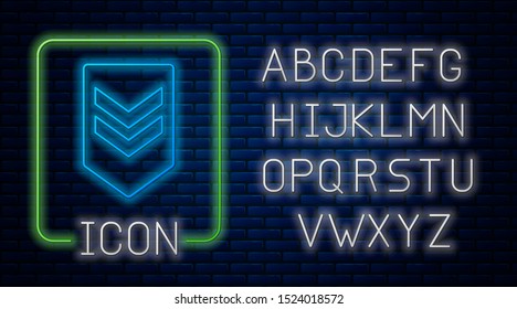 Glowing neon Chevron icon isolated on brick wall background. Military badge sign. Neon light alphabet. Vector Illustration