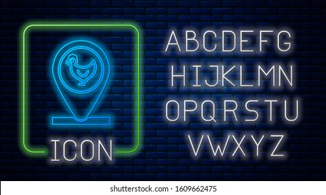 Glowing neon Chicken farm and location icon isolated on brick wall background. Neon light alphabet. Vector Illustration