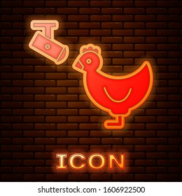 Glowing neon Chicken farm and wireless Controlling CCTV security camera icon isolated on brick wall background.  Vector Illustration