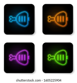 Glowing neon Chicken leg icon isolated on white background. Chicken drumstick. Black square button. Vector Illustration