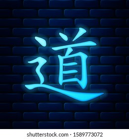 Glowing neon Chinese calligraphy, translation Dao, Tao, Taoism icon isolated on brick wall background.  Vector Illustration