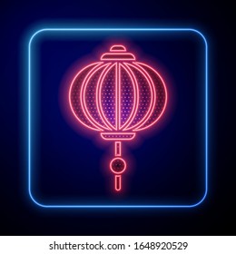 Glowing neon Chinese paper lantern icon isolated on blue background.  Vector Illustration