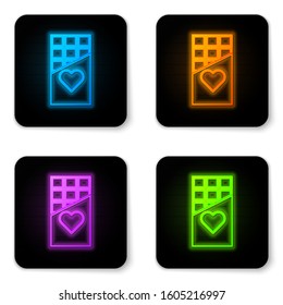Glowing neon Chocolate bar icon isolated on white background. Valentines day symbol. Black square button. Vector Illustration
