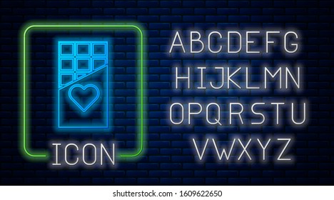 Glowing neon Chocolate bar icon isolated on brick wall background. Valentines day symbol. Neon light alphabet. Vector Illustration