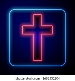 Glowing neon Christian cross icon isolated on blue background. Church cross.  Vector Illustration