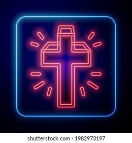 Glowing neon Christian cross icon isolated on black background. Church cross.  Vector