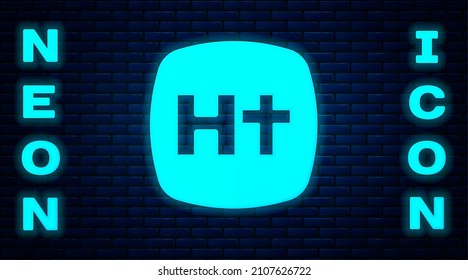 Glowing neon Christian cross icon isolated on brick wall background. Church cross.  Vector