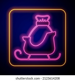 Glowing neon Christmas santa claus sleigh with sack bag icon isolated on black background. Merry Christmas and Happy New Year.  Vector